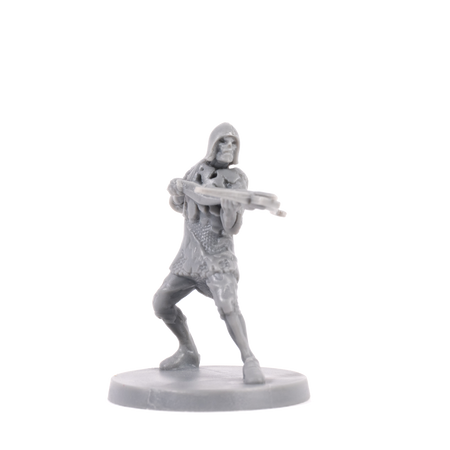 Dark Souls Mini: Hollow Crossbowmen - Gray unpainted miniature figurine of a Hollow Crossbowman in a dynamic pose on a round base.