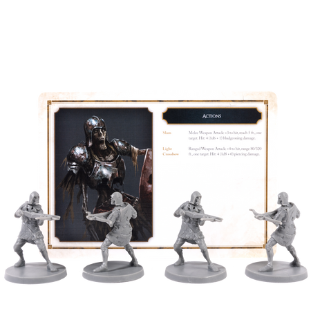 Dark Souls Mini: Hollow Crossbowmen - Four unpainted gray miniature figures of armed crossbowmen in dynamic poses in front of a Dark Souls character card.