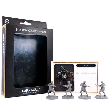 Dark Souls Mini: Hollow Crossbowmen - Dark Souls Hollow Crossbowmen set with three detailed gray miniature figures and black-themed packaging box.