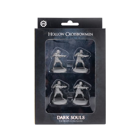 Dark Souls Mini: Hollow Crossbowmen - Set of four gray resin Dark Souls Hollow Crossbowmen miniatures in black and gold box packaging.