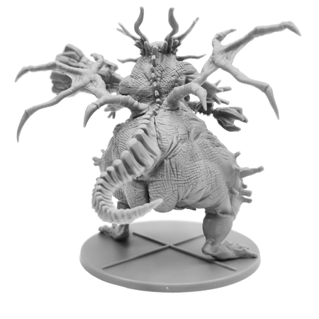 Dark Souls Mini: Protector of the Asylum - Unpainted gray resin miniature of twisted humanoid creature with multiple tentacle-like arms and segmented tail on round.