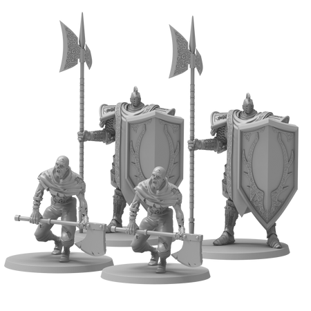 Dark Souls Mini: The Steadfast & The Hollow - Two gray miniature figures of armored warriors with large shields and halberds, one crouching and one standing.