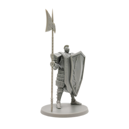 Dark Souls Mini: The Steadfast & The Hollow - Unpainted resin miniature of armored warrior holding tall spear and large shield on round base.
