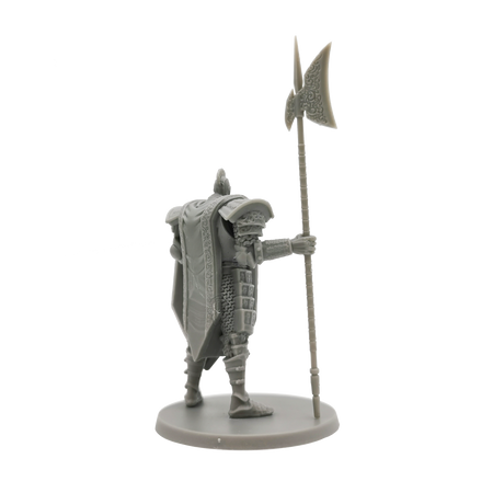 Dark Souls Mini: The Steadfast & The Hollow - Gray resin miniature of armored knight holding a tall spear with a tattered flag, standing on a round base.