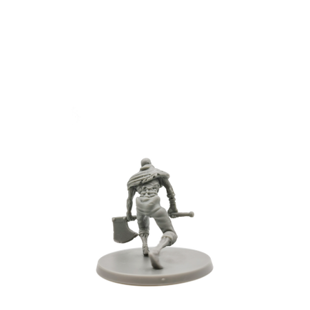 Dark Souls Mini: The Steadfast & The Hollow - Gray resin miniature of a cloaked warrior holding a lantern and sword, standing on a round base.