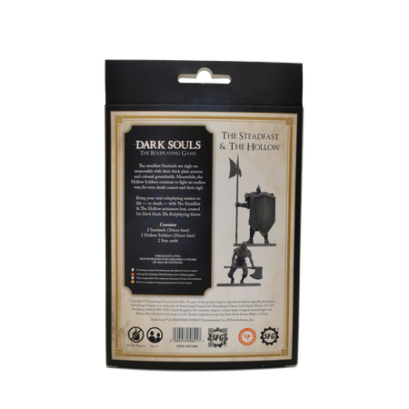 Dark Souls Mini: The Steadfast & The Hollow - The Steadfast & The Hollow text, product description, and silhouette of a miniature knight holding a shield and axe.