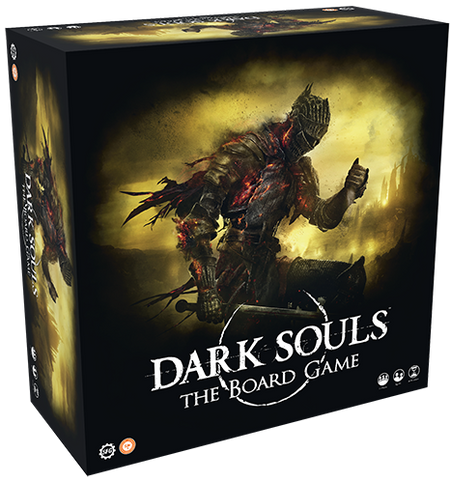 Dark Souls: The Board Game - Dark Souls board game box featuring a dark armored warrior with glowing red flames on a smoky yellow-black background.