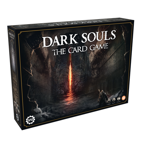 Dark Souls: The Card Game - The Card Game box with dark, eerie cavern art and a glowing vertical crack of light.