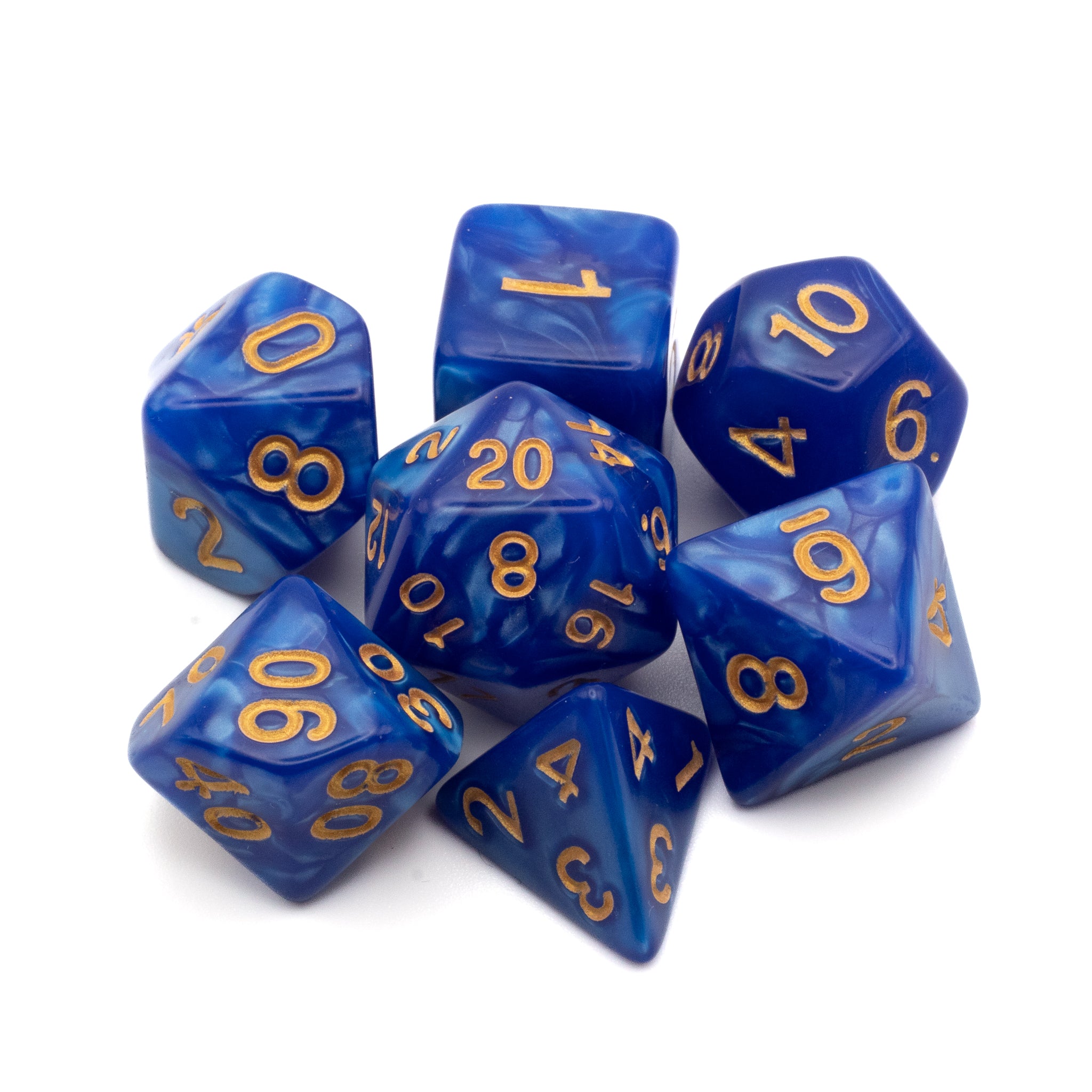 Dark Blue Marbled Dice Set - Dark blue marbled acrylic dice set with gold numbering including d20, d12, d10, d8, d6, and d4.
