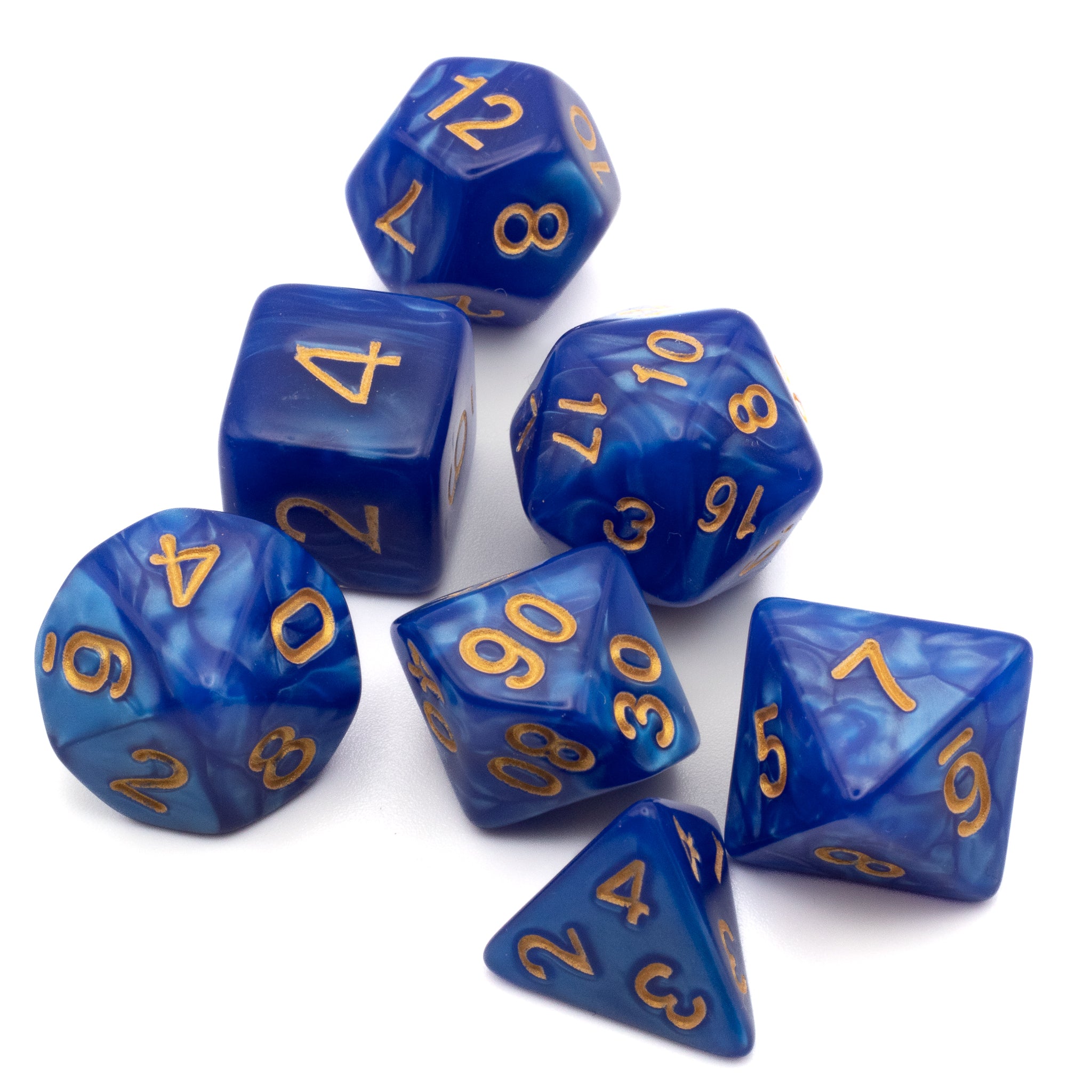 Dark Blue Marbled Dice Set - Dark blue marbled acrylic dice set with gold etched numbers, including d20, d12, d10, d8, d6, d4, and percentile dice.