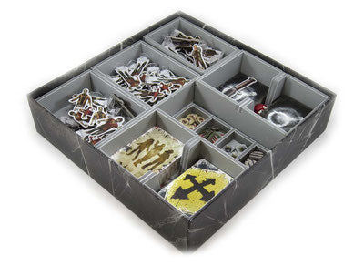 Box Insert: Dead of Winter/Long Night - Gray foam board game box insert with multiple compartments holding cards, tokens, and game pieces for Dead of Winter/Long.