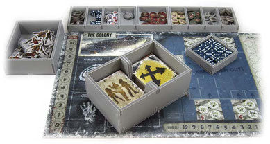 Box Insert: Dead of Winter/Long Night - Organized beige box insert holding Dead of Winter/Long Night game cards and tokens on game board.