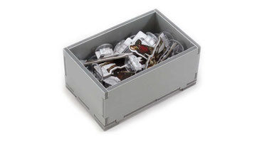 Box Insert: Dead of Winter/Long Night - Gray modular plastic box insert holding neatly organized board game components.
