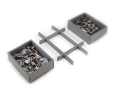 Box Insert: Dead of Winter/Long Night - Gray plastic modular box insert with two rectangular compartments holding small game tokens and a connecting grid structure.