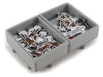 Box Insert: Dead of Winter/Long Night - Gray plastic box insert with two compartments holding illustrated cardboard game tokens of characters and items.