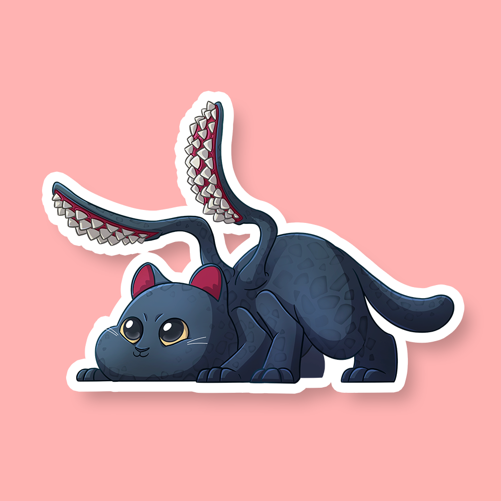 Displacer Kitten DnD Sticker - Cute black kitten with large eyes and two displacer tentacles on its back, cartoon style sticker.