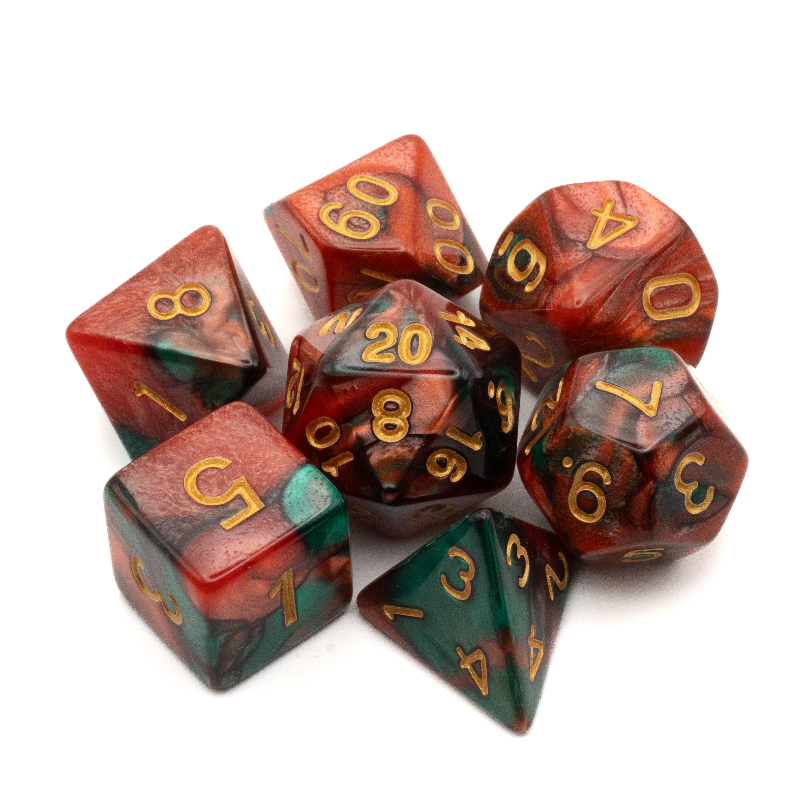 Red & Green Marbled Dice Set - Seven red and green marbled polyhedral dice with gold numbers including d20, d12, d10, d8, d6, and d4.