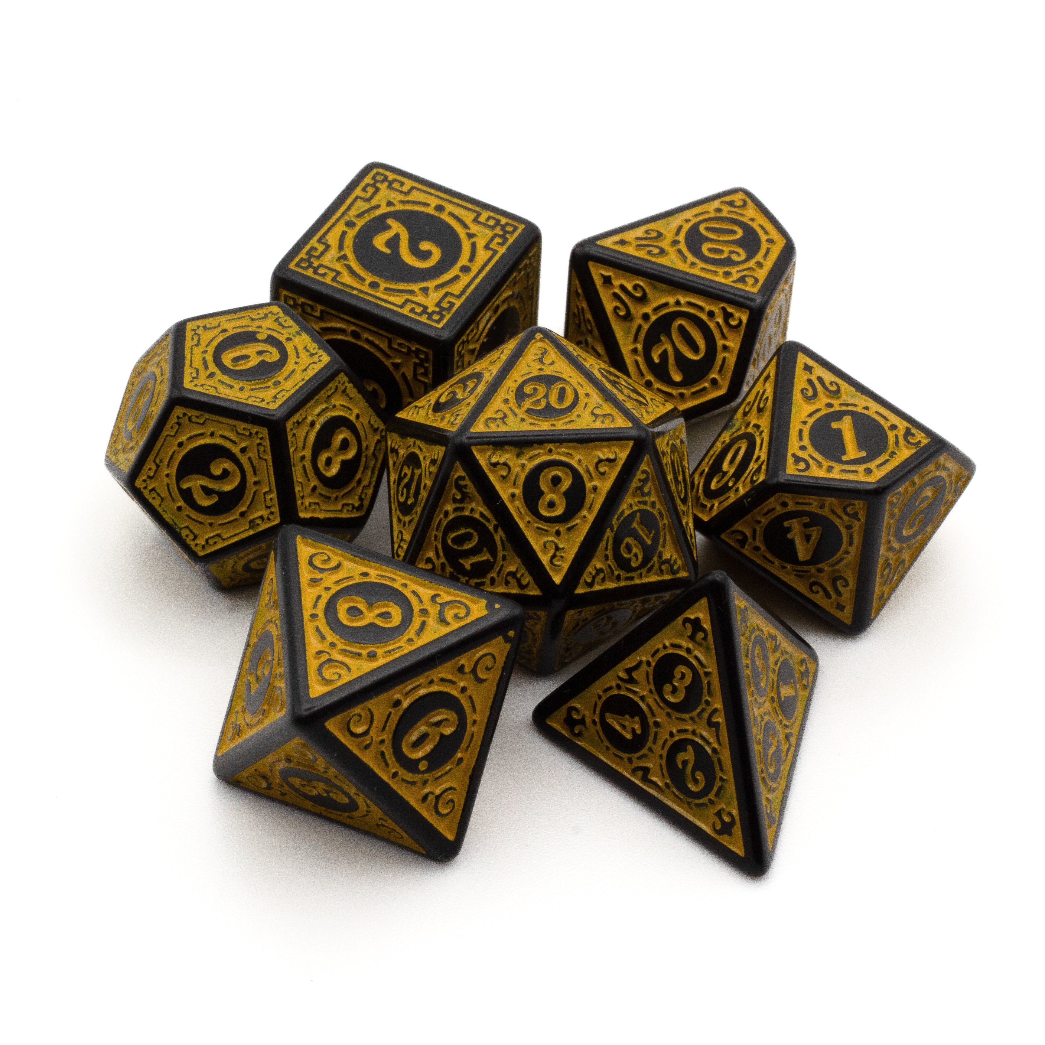 Yellow Runes Acrylic Dice Set - Set of yellow acrylic dice with black rune-style numbers and intricate border designs.