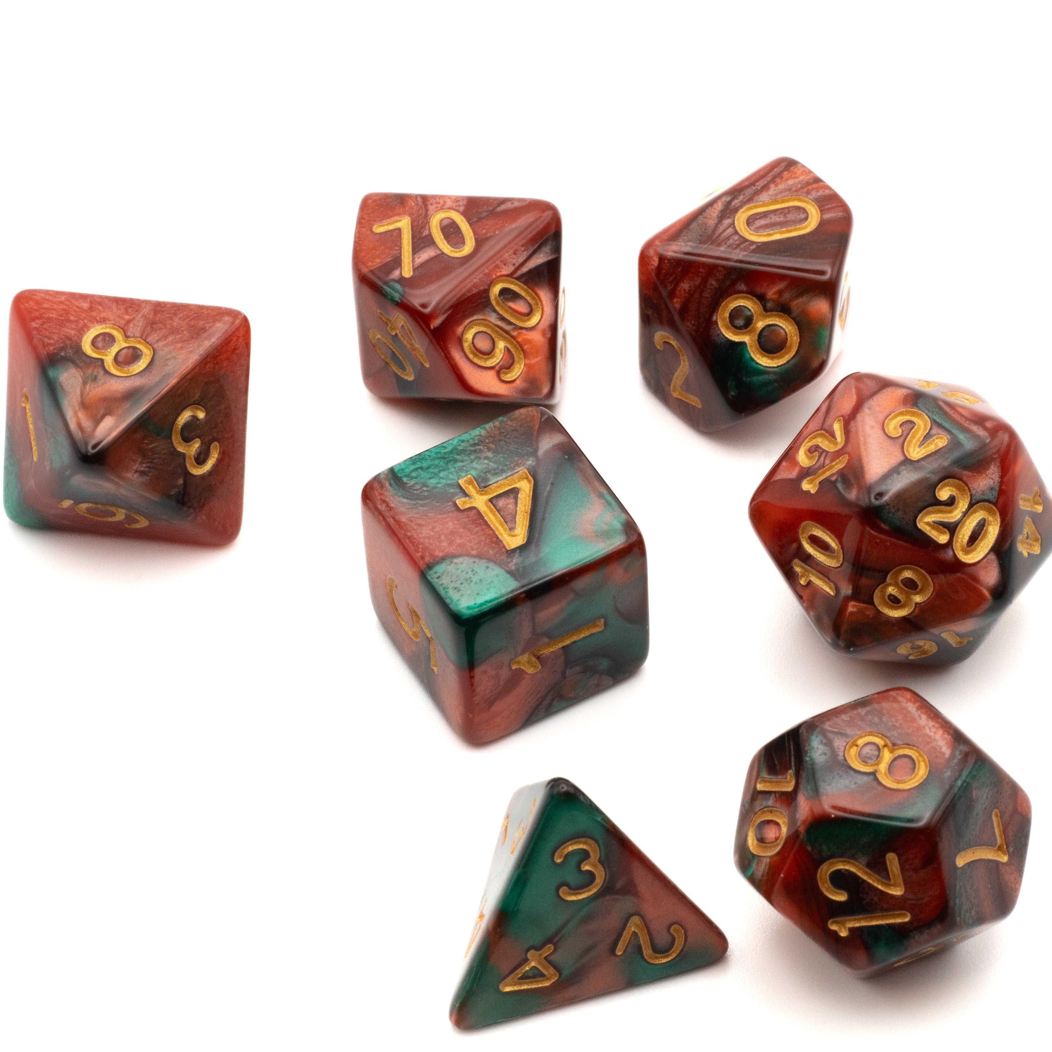 Red & Green Marbled Dice Set - Set of seven polyhedral dice with red and green marbled design and gold numbers.