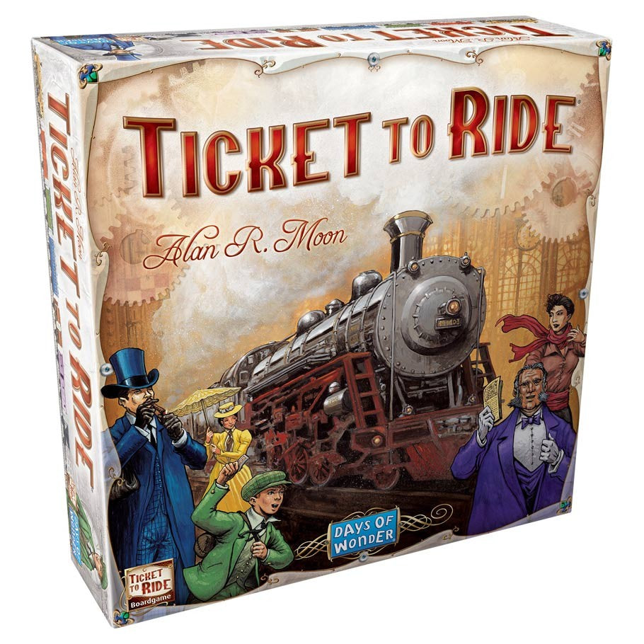 Ticket to Ride - Ticket to Ride board game box with vintage train illustration and diverse characters in period clothing.