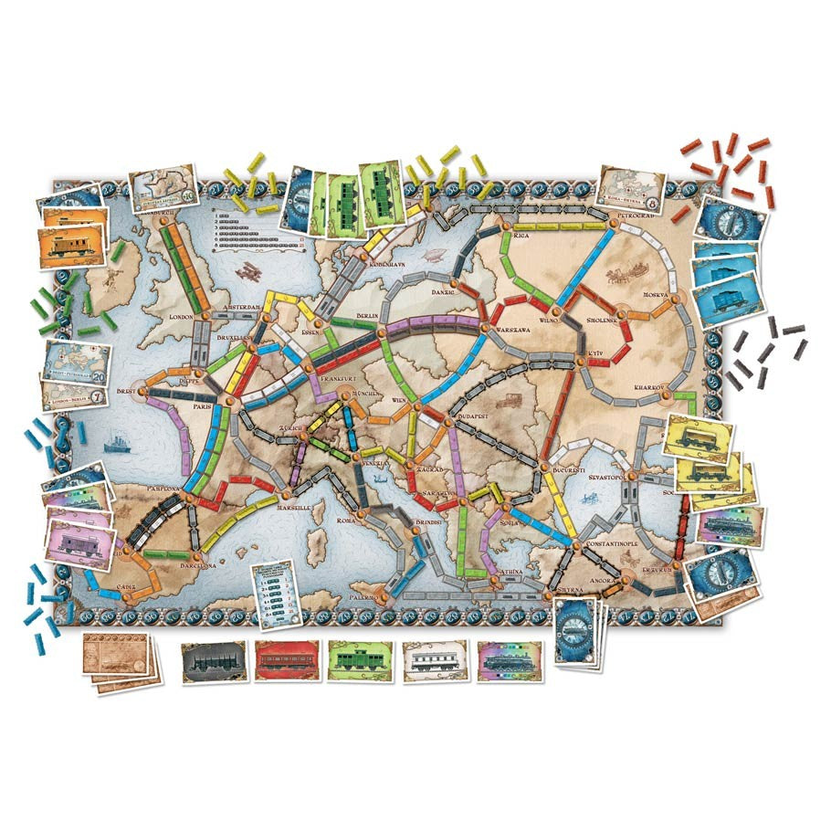 Ticket to Ride: Europe - Colorful European map game board with train routes, cards, train pieces, and score markers arranged around edges.