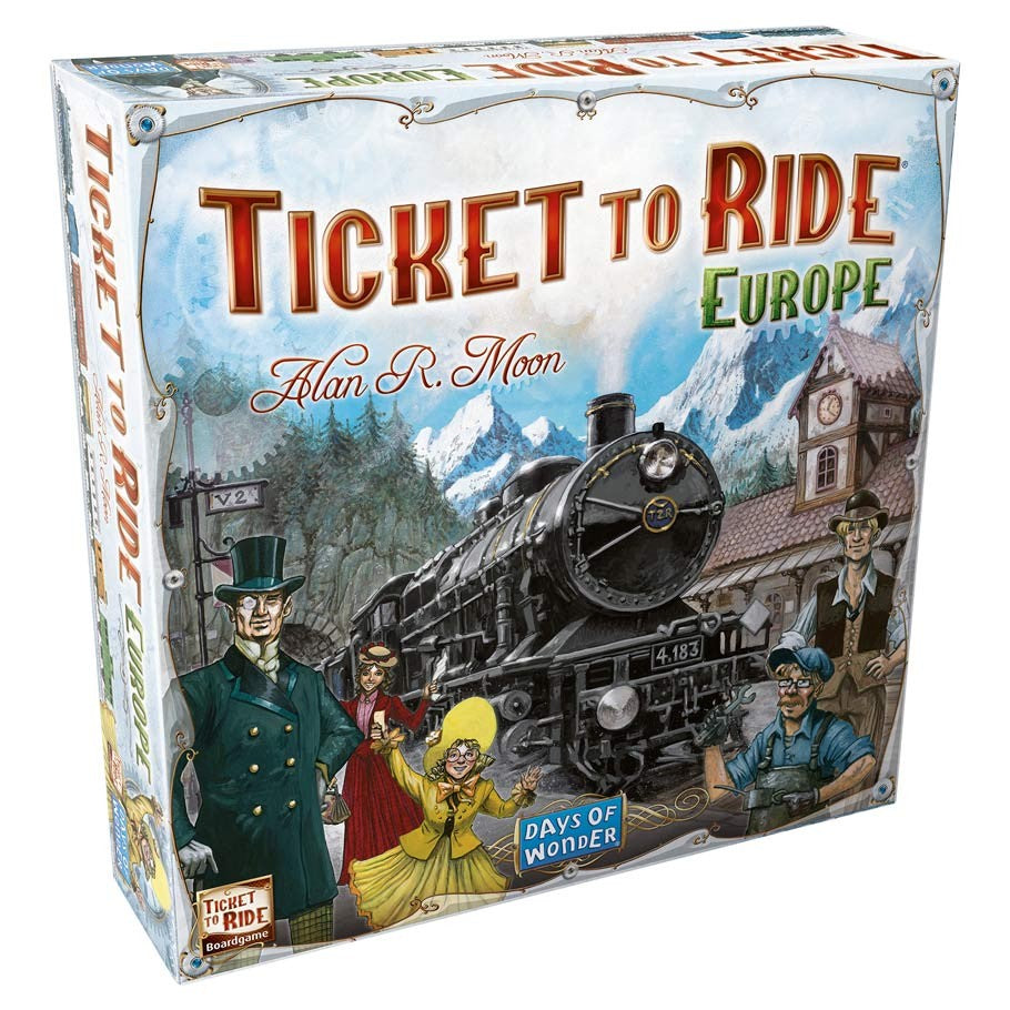 Ticket to Ride: Europe - Ticket to Ride Europe board game box with vintage steam train and characters in 19th-century attire.