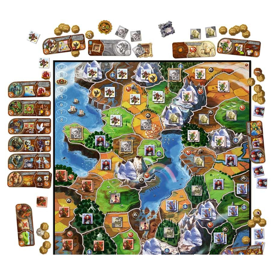 Small World - Colorful fantasy-themed game board with tokens, cards, and character pieces arranged for play.