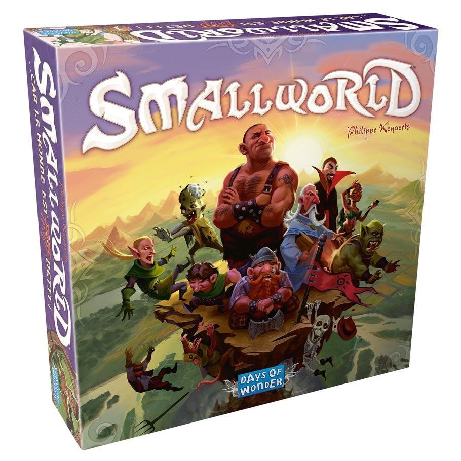 Small World - Small World board game box with fantasy characters and colorful sunset background.