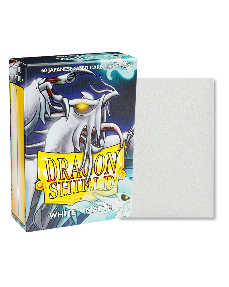 Dragon Shield Japanese Size 60ct Box - Matte White - Dragon Shield Japanese Size 60ct box with white matte card sleeves and dragon artwork on packaging.
