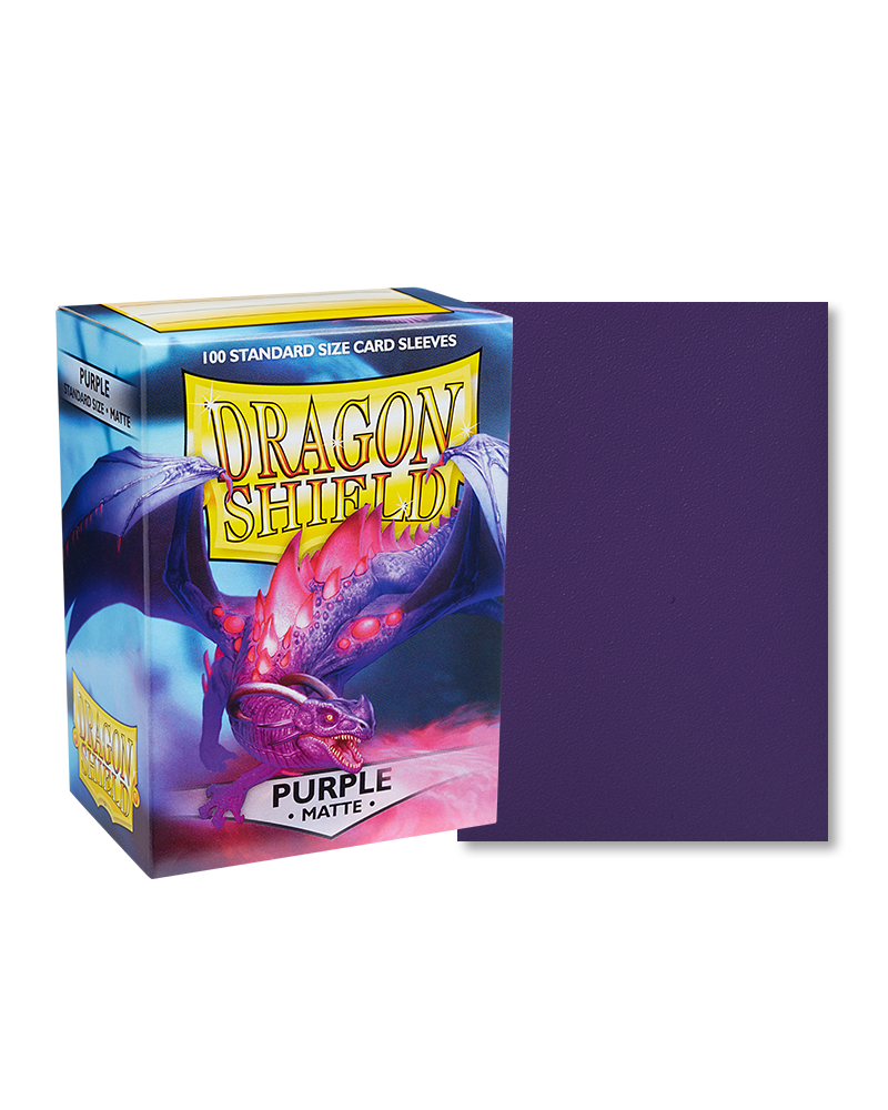Dragon Shield 100ct Box - Matte Purple - 100 matte purple Dragon Shield card sleeves next to branded box with dragon artwork.