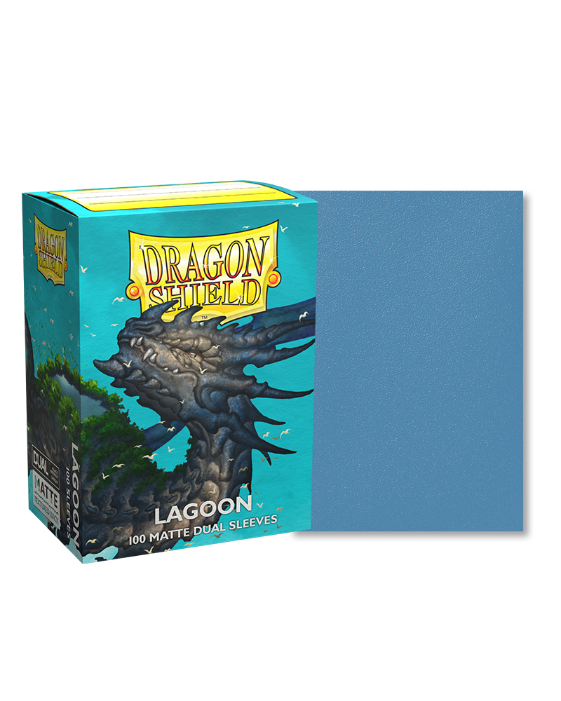 Dragon Shield Dual Sleeves 100ct Box - Matte Lagoon - Dragon Shield Dual Sleeves 100ct box with matte lagoon blue card sleeves and dragon artwork on packaging.
