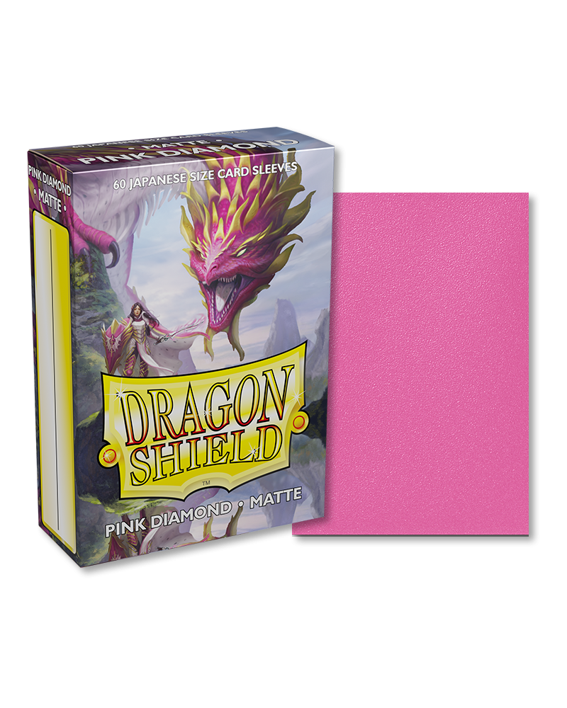 Dragon Shield Japanese Size 60ct Box - Matte Pink Diamond - Dragon Shield Japanese Size 60ct card sleeves box with pink matte sleeves and dragon artwork on packaging.