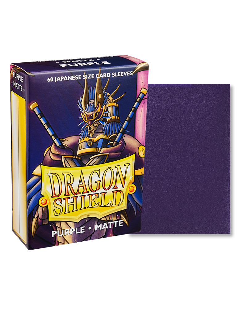 Dragon Shield Japanese Size 60ct Box - Matte Purple - Dragon Shield Japanese Size 60ct Box with matte purple card sleeve and samurai artwork on packaging.