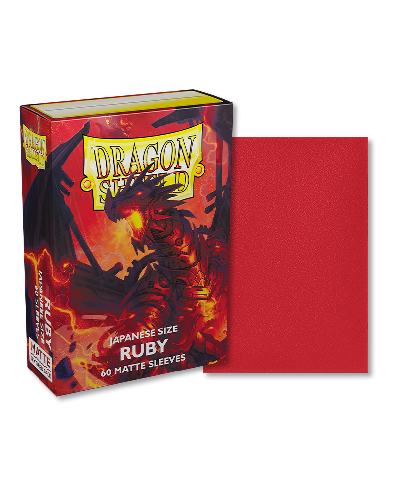 Dragon Shield Japanese Size 60ct Box - Matte Ruby - Dragon Shield Japanese Size card sleeves box with fiery red dragon artwork and a single matte ruby red sleeve displayed.