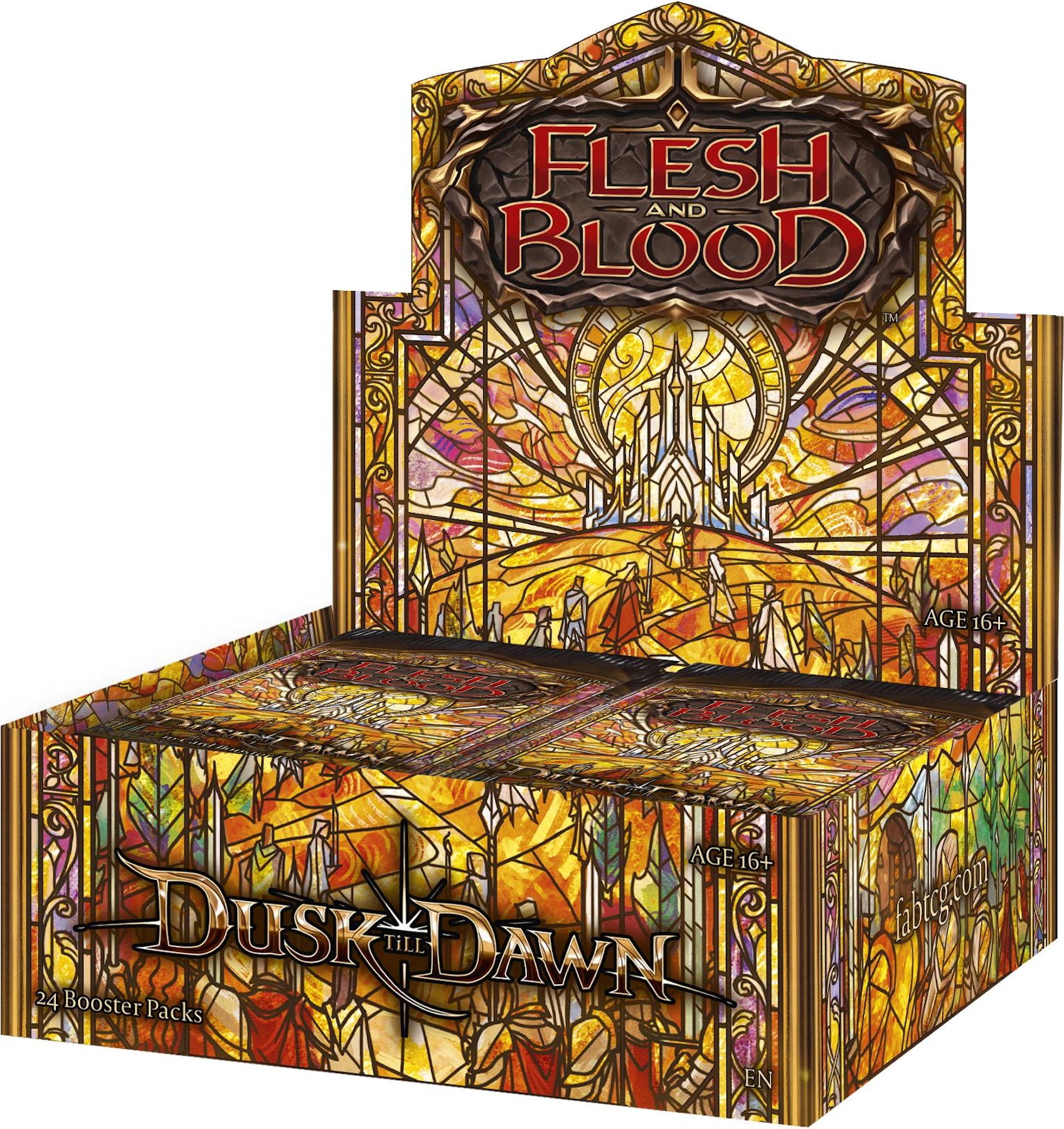 Flesh and Blood - Dusk Till Dawn - Booster Box - Flesh and Blood Dusk Till Dawn booster box with stained glass window design and fiery orange tones.