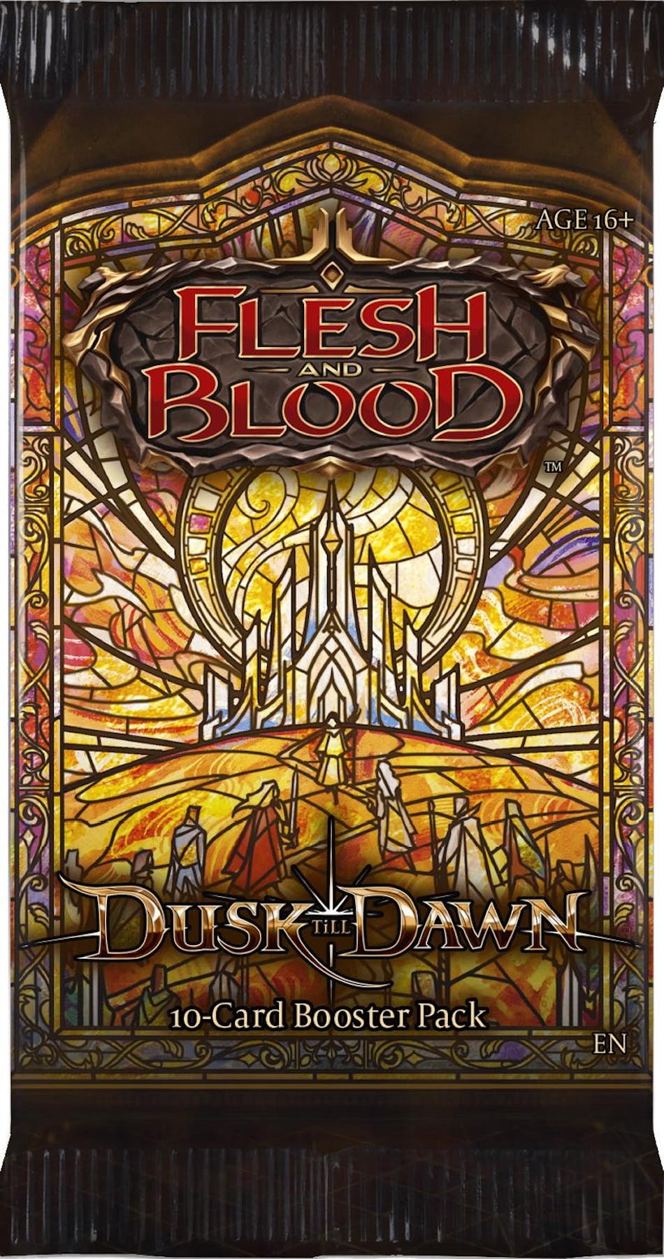 Flesh and Blood - Dusk Till Dawn - Booster Box - Flesh and Blood Dusk Till Dawn booster pack with stained glass sunburst design and ornate gold frame.