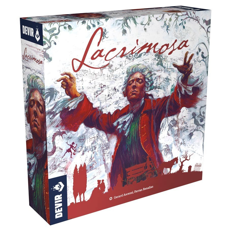 Lacrimosa - Lacrimosa board game box with a dramatic figure in a red coat and abstract background art.