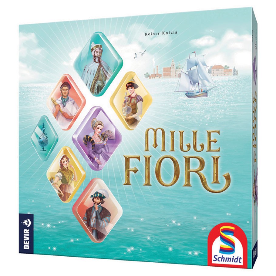Mille Fiori - Mille Fiori board game box with colorful character portraits and gold lettering on a light blue ocean background.