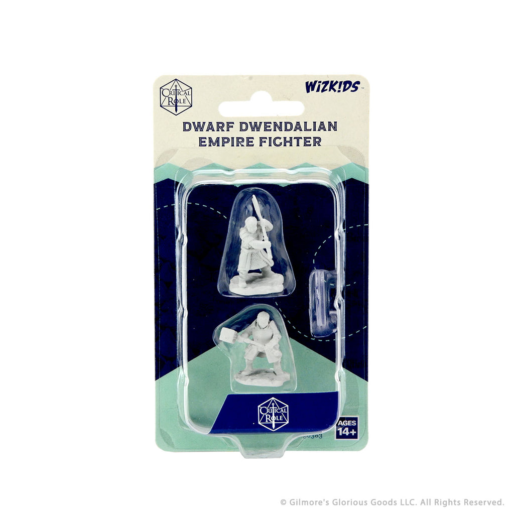 Critical Role Mini: Dwarf Dwendalian Fighter Female - Female dwarf warrior miniature in detailed armor with axe and shield, unpainted gray plastic.