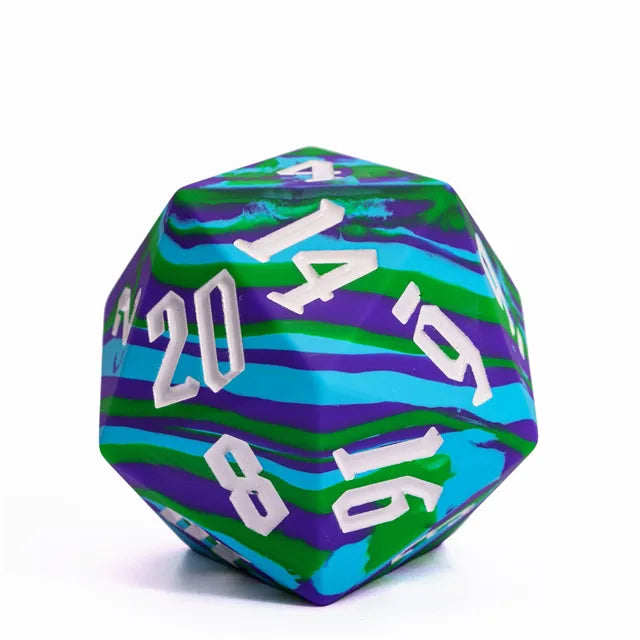 Giant Bouncy D20 - Blue & Green Stripes - Giant blue and green striped d20 dice with white numbers and bouncy texture.