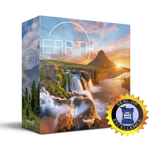 Earth - Earth strategy board game box with waterfall and mountain sunset landscape design.
