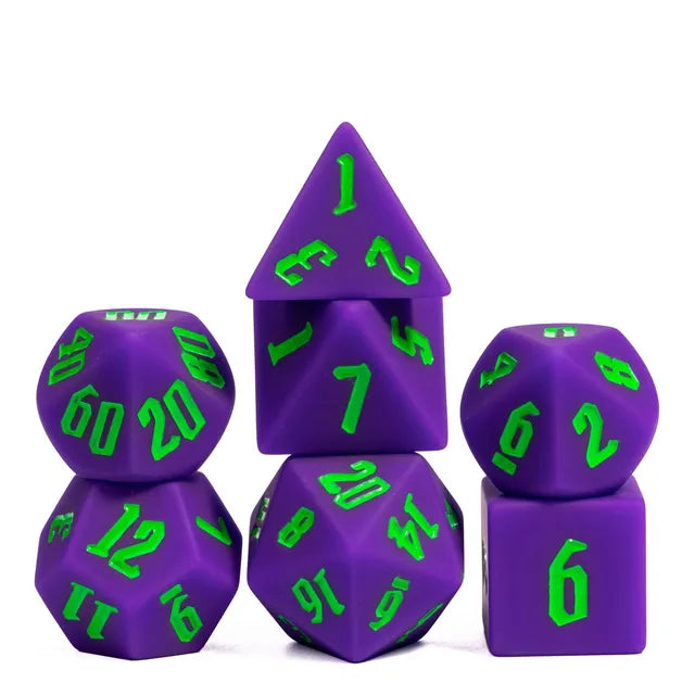 Bouncy Dice Set - F - Purple bouncy dice set with green numbers, including a d4, d6, d8, d10, d12, and d20.