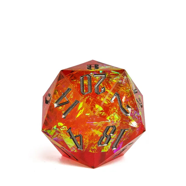 33mm Orange & Dark Numbers D20 - 33mm translucent orange d20 dice with dark metallic numbers and glitter accents.