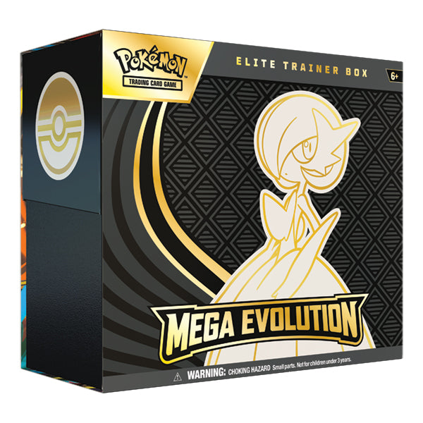Pokémon TCG: Mega Evolution - Mega Gardevoir ex Elite Trainer - Black and gold Pokémon TCG Elite Trainer box featuring Mega Gardevoir silhouette and "Mega Evolution" text.