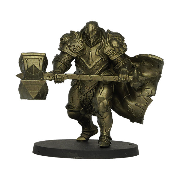 Vallejo True Metallic Metal Airbrush: Aged Metal (18ml) - Metallic bronze miniature knight figurine wielding a large double-headed battle axe on a round base.
