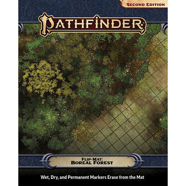 Pathfinder RPG: Flip-Mat- Boreal Forest - Foldable gaming mat showing dense green boreal forest on one side and a grid pattern clearing on the other side.