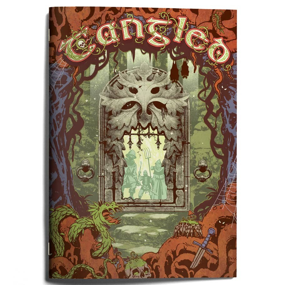 Tangled - Dark fantasy book cover with a skull-shaped archway and hanging chains against a twisted, root-filled forest background.