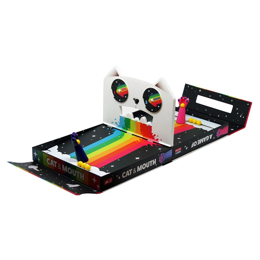 A Game of Cat & Mouth - Colorful dexterity game with cat-shaped board and two player paddles on rainbow track.