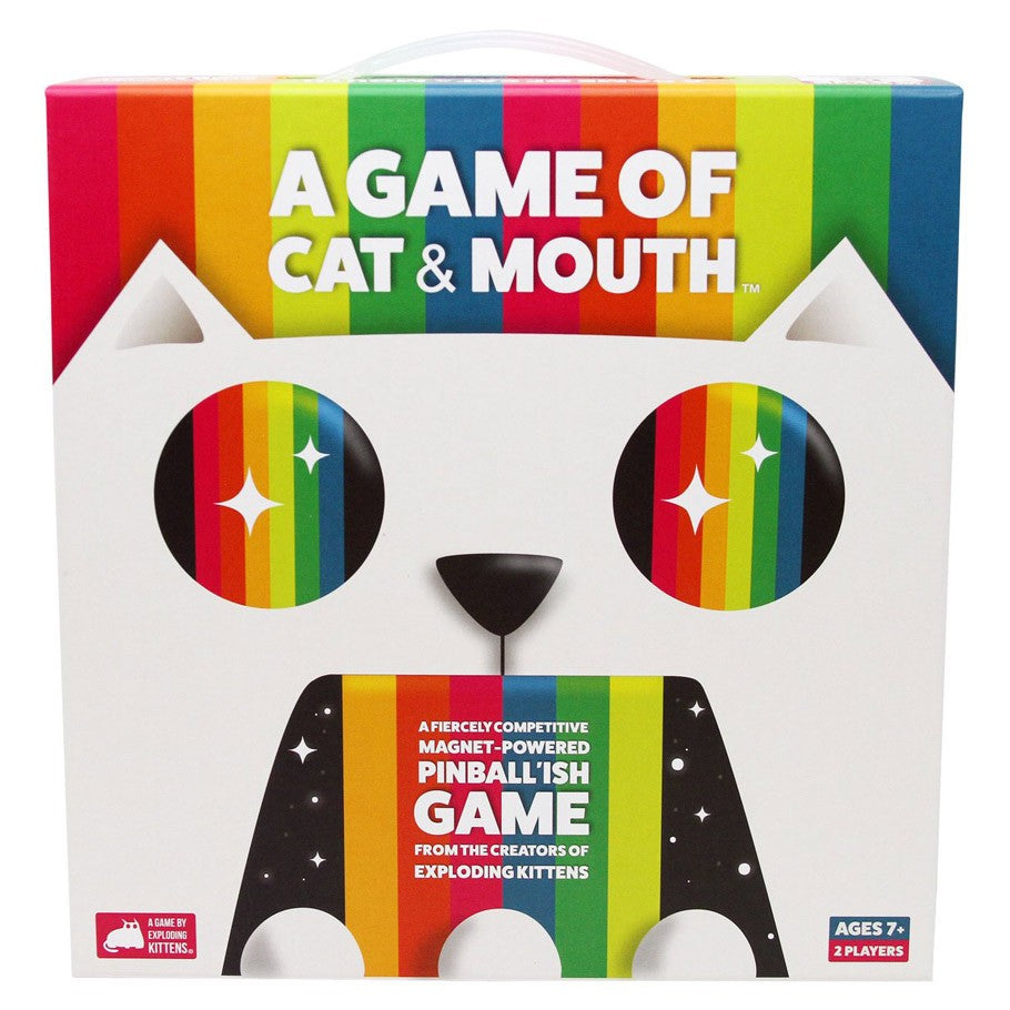 A Game of Cat & Mouth - Colorful cat-shaped box with rainbow stripes and bold white text for A Game of Cat & Mouth pinball game.