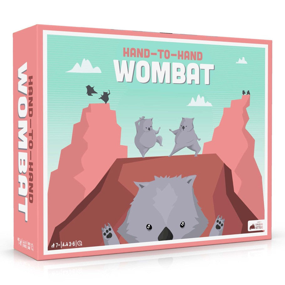 Hand-to-Hand Wombat - Hand-To-Hand Wombat party game box with cartoon wombats and rocky landscape in pastel colors.